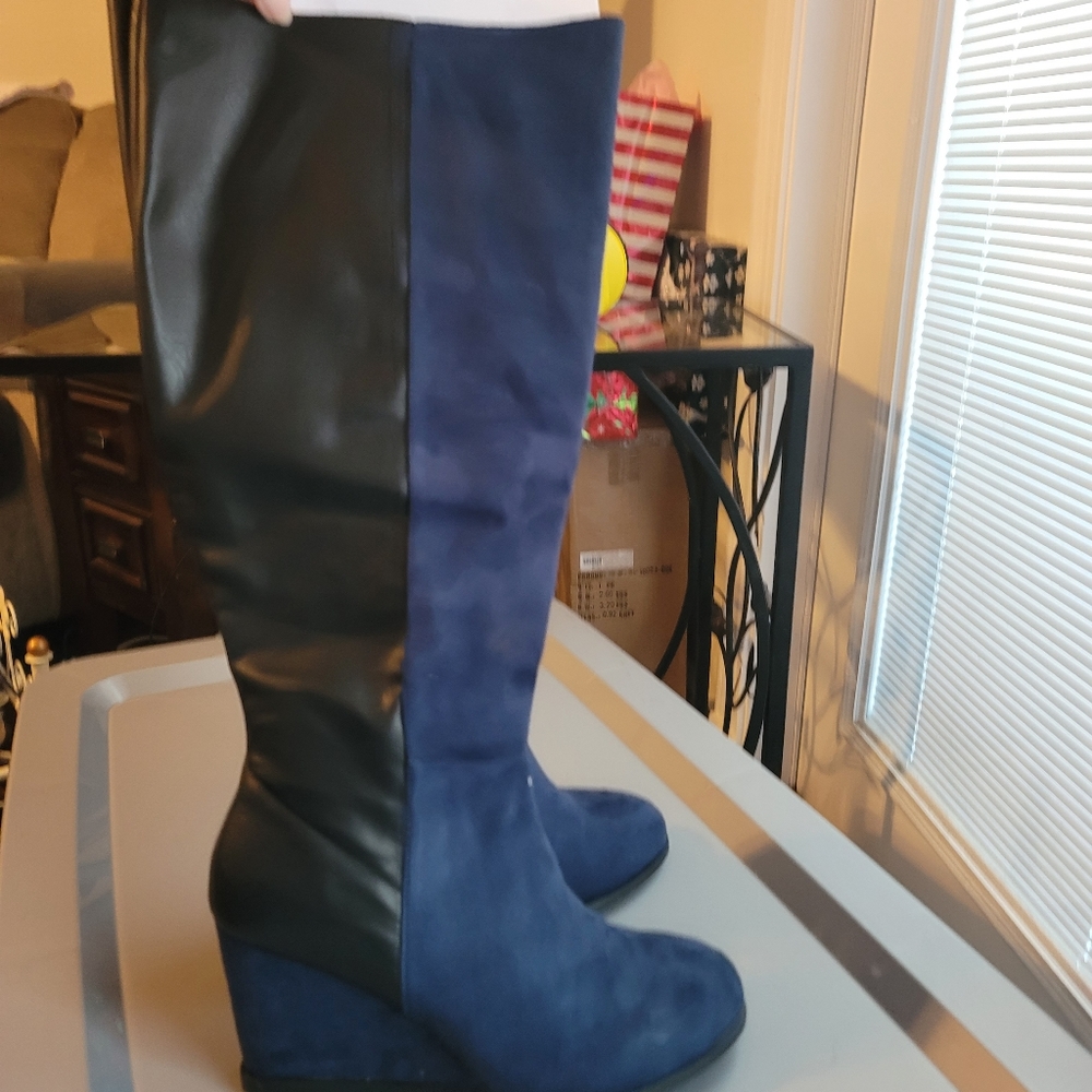 NWT Torrid navy blue and black wedge knee high boots. Size 11.